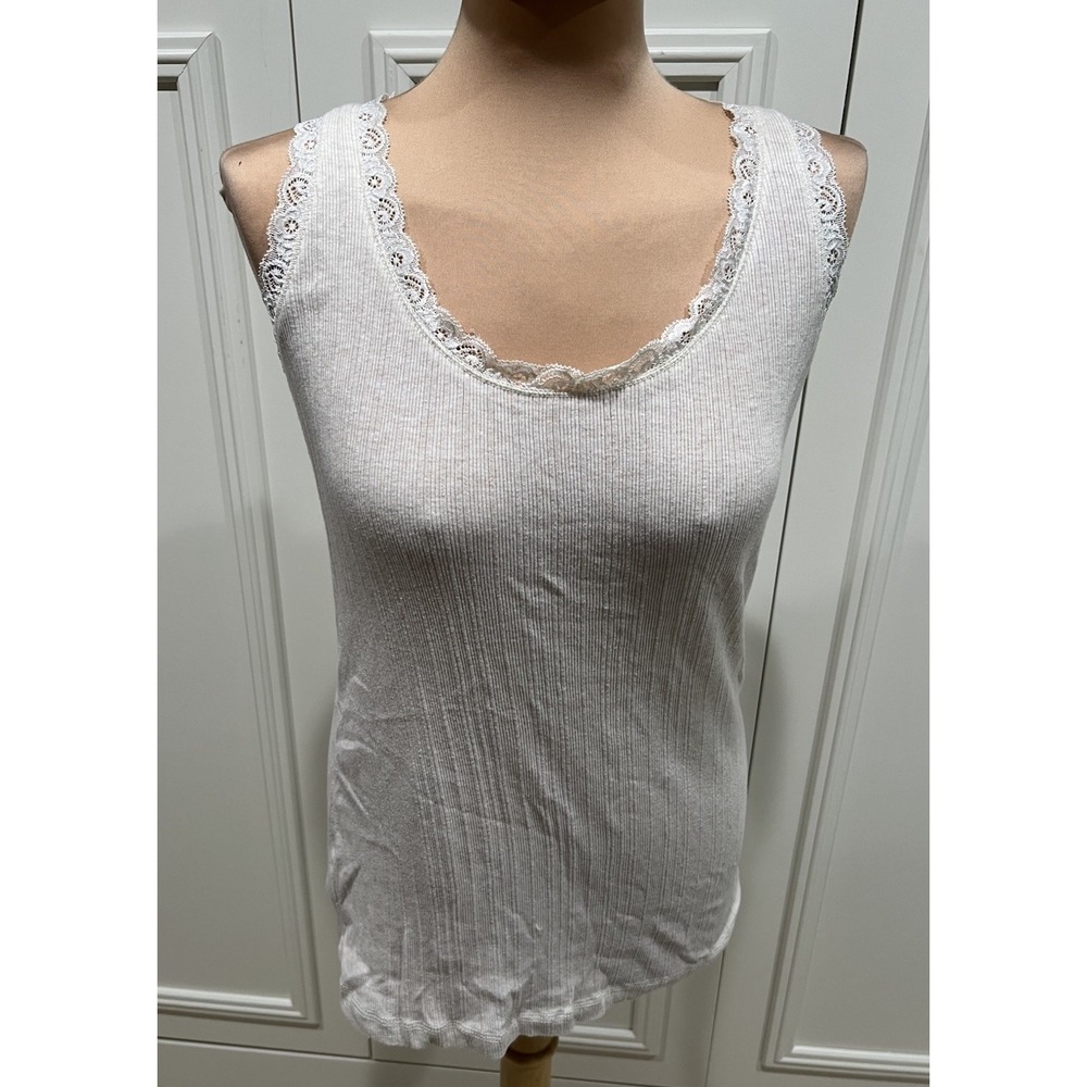 Eddie Bauer‎ Light Beige Tank Top Size Large Lace Trim Ribbed Scoop Racerback